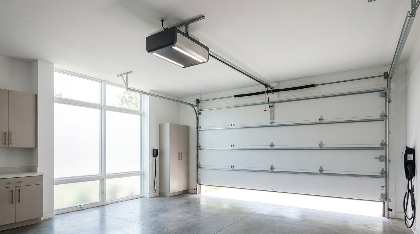 A modern belt-drive smart garage door opener mounted to the ceiling above a residential garage door