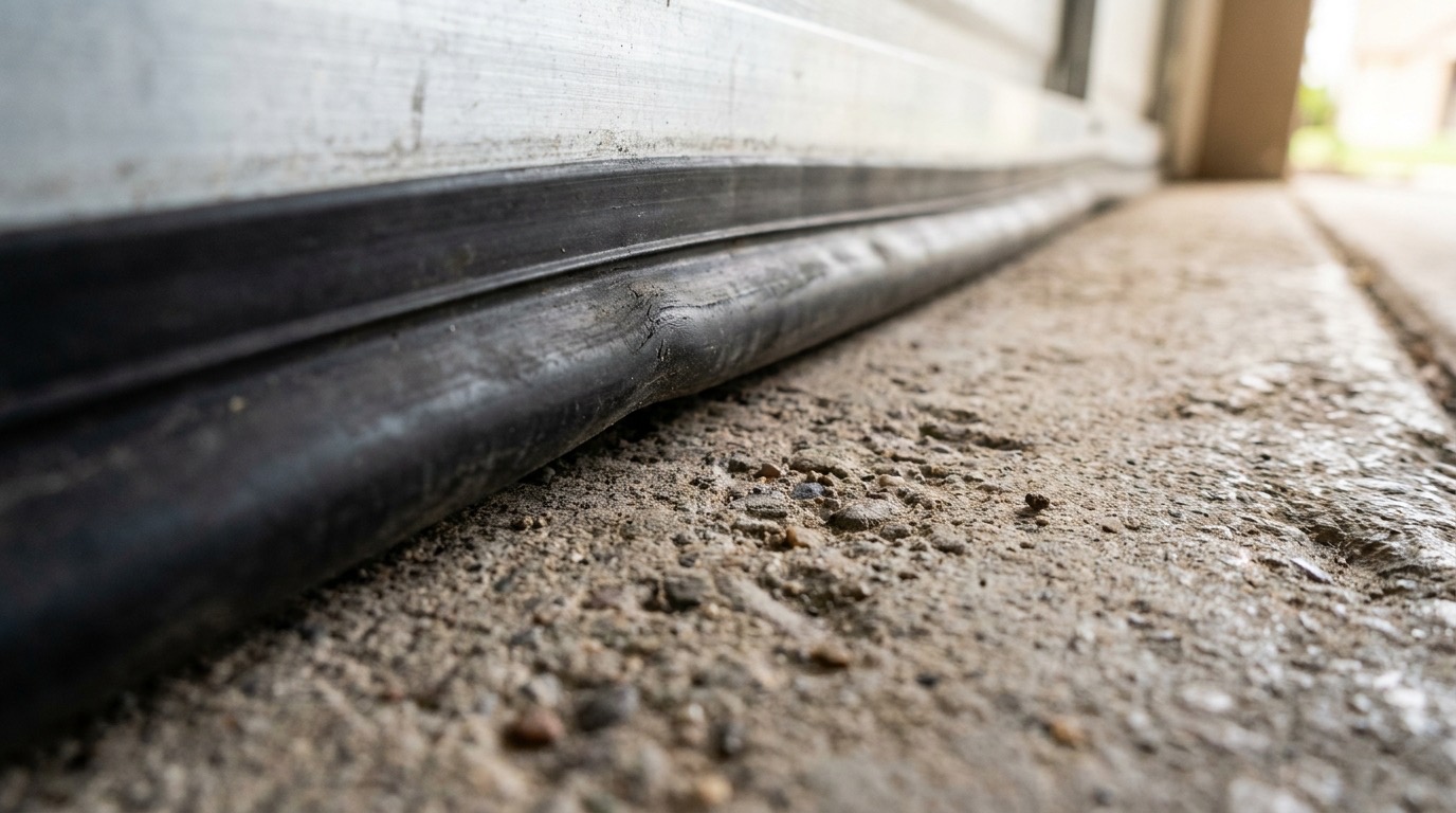 The bottom rubber seal of a residential garage door meeting the concrete garage floor