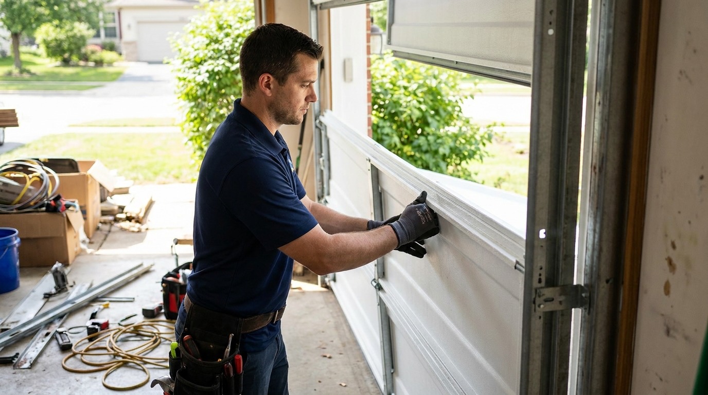 A garage door technician installing a new sectional garage door panel onto the track of a residential garage