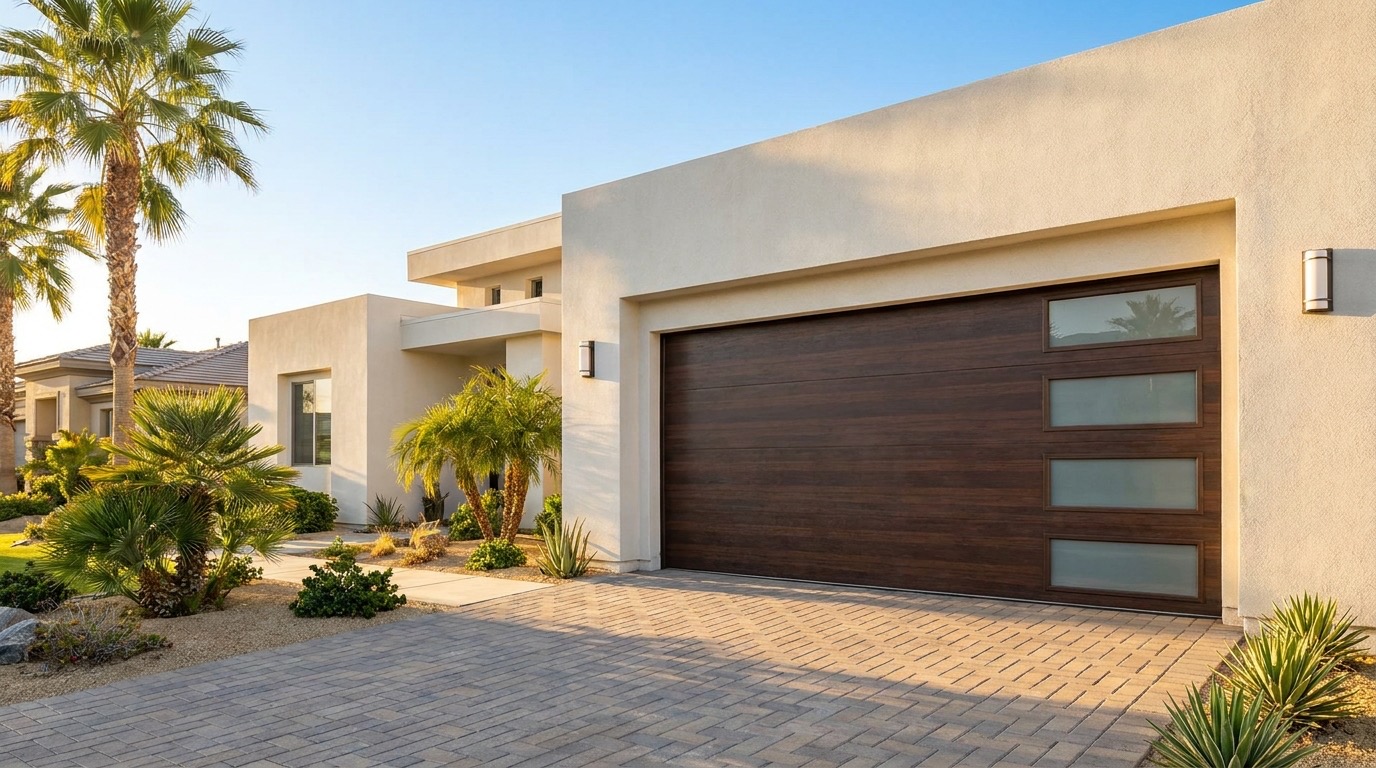 A new insulated sectional garage door on a San Diego home viewed from the driveway