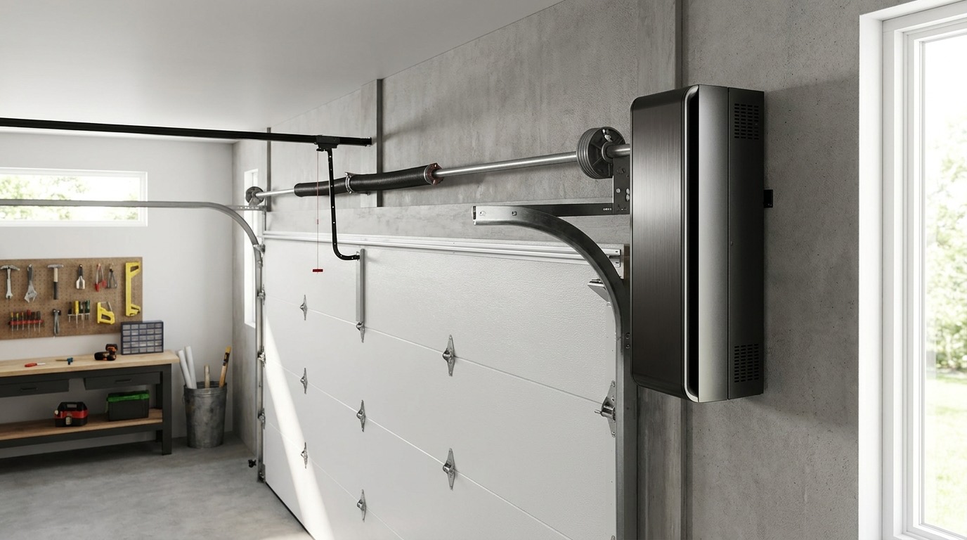 A wall-mounted jackshaft garage door opener installed beside the torsion shaft of a residential garage door