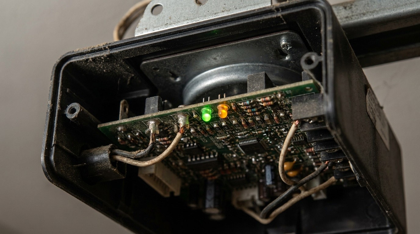 Close-up of the logic board and status LED inside a residential garage door opener housing