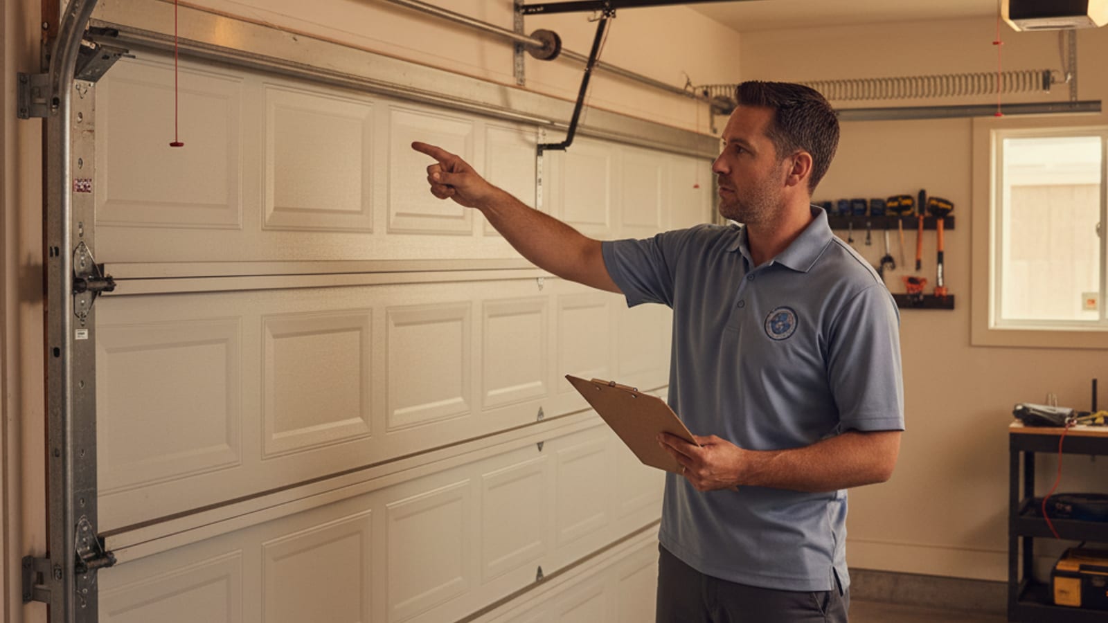 Garage door technician in powder blue-gray polo holding a clipboard and inspecting the hinges and rollers of an overhead sectional garage door