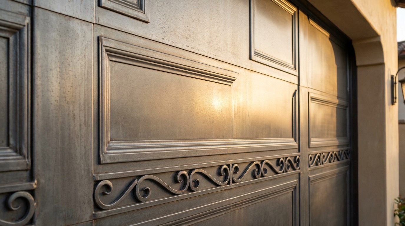 A new sectional garage door on a San Diego home, showing the steel panel surface and trim