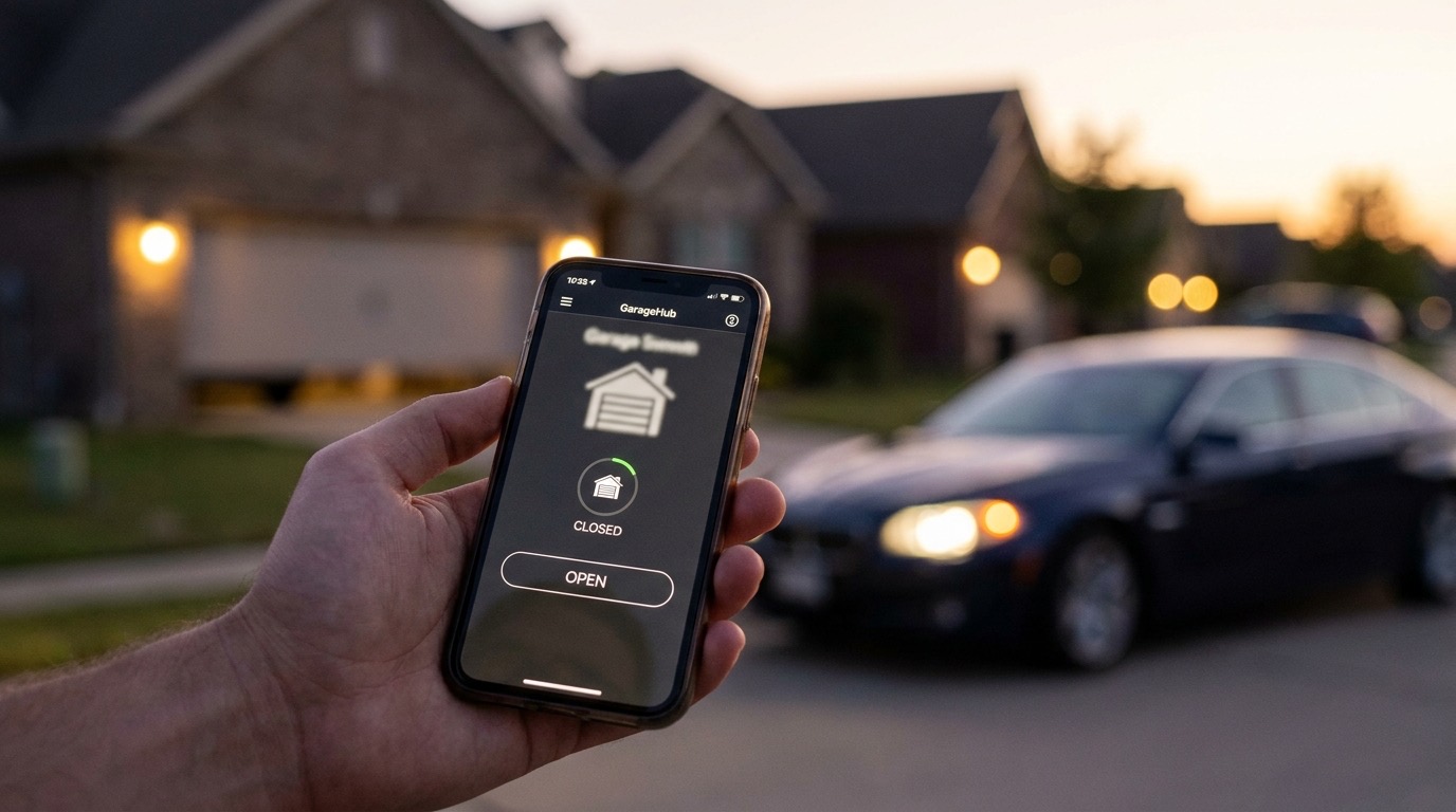 Close-up of a smartphone app screen controlling a smart garage door opener with the opener's LED status light visible