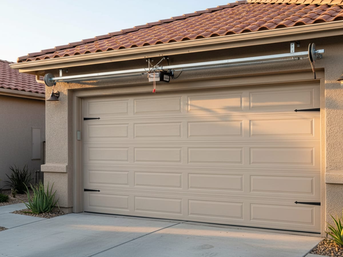 Newly installed clean steel sectional garage door on a San Diego stucco home with a swept concrete driveway in afternoon light
