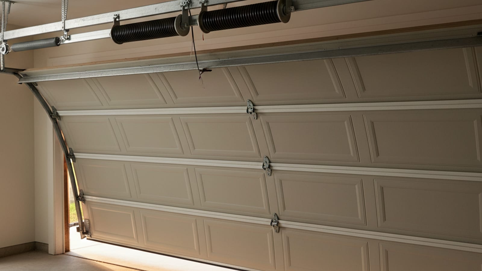 Sectional garage door in motion mid-travel with worn metal rollers clearly visible moving along the track