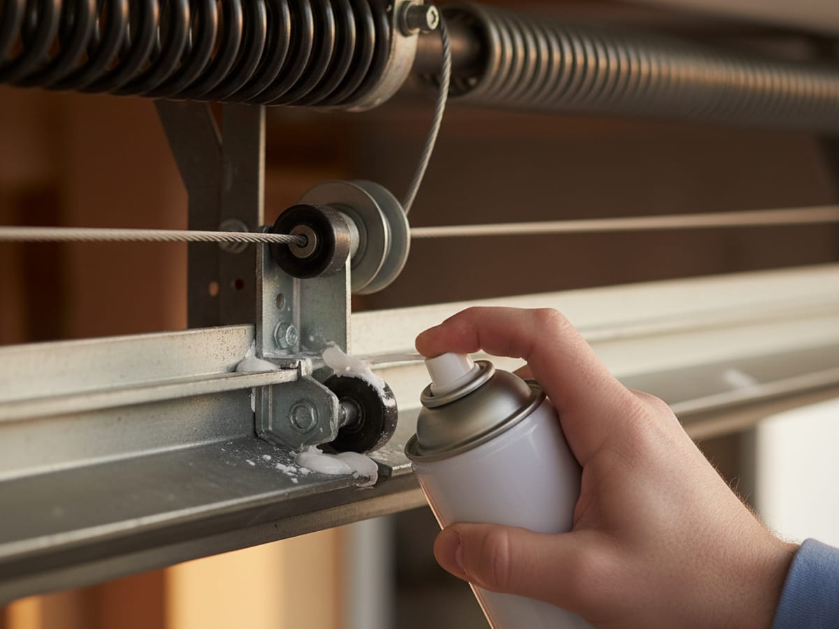 Close-up of a technicians hand applying white lithium grease from an aerosol can onto the hinges and nylon rollers of a garage door