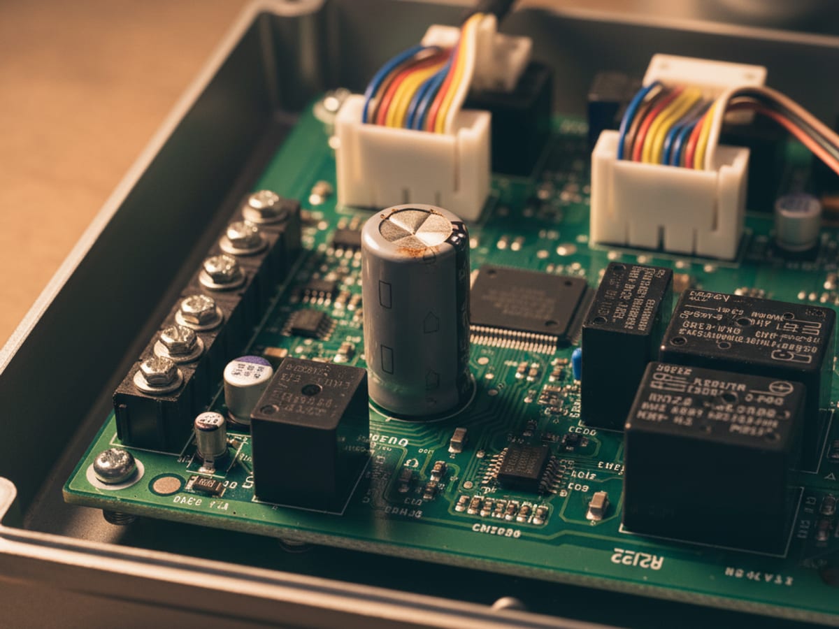 Close-up of an exposed logic board inside a garage door opener case showing a noticeably bulging electrolytic capacitor as a sign of failure