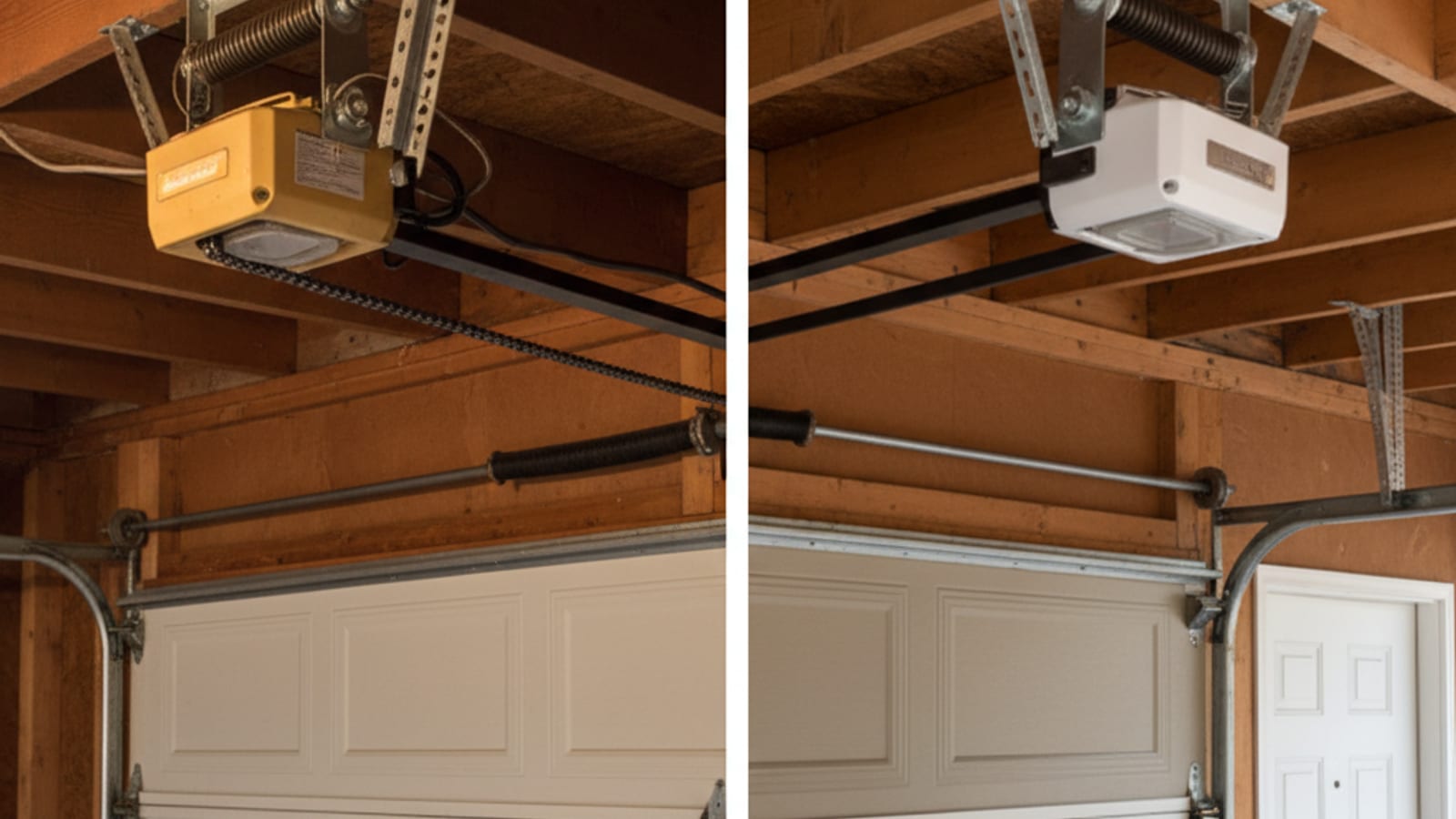 Side-by-side comparison of an old 1990s chain-drive garage door opener on the left and a modern belt-drive opener on the right both mounted to garage ceiling joists