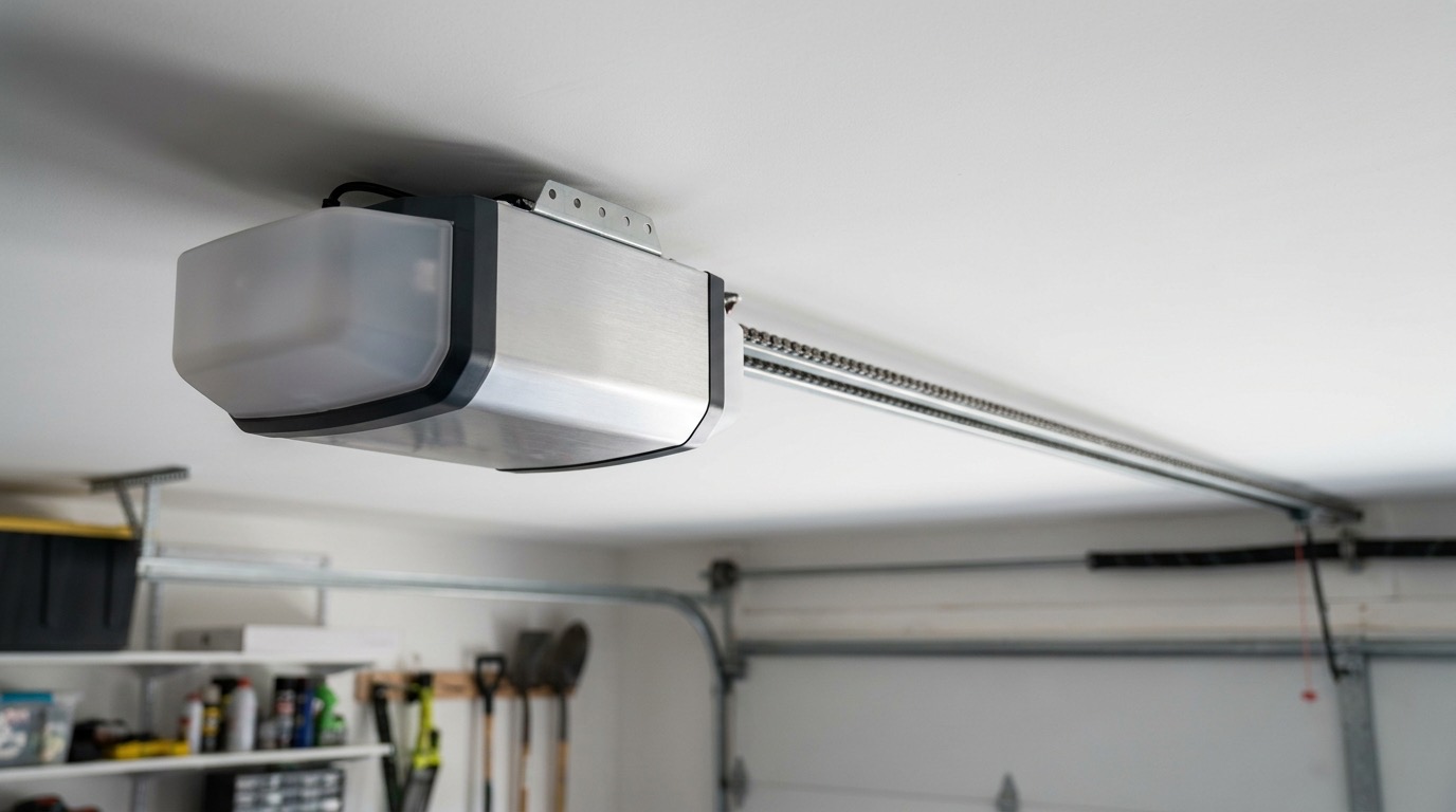 A wall-mounted residential garage door opener motor unit with the light cover and drive rail visible