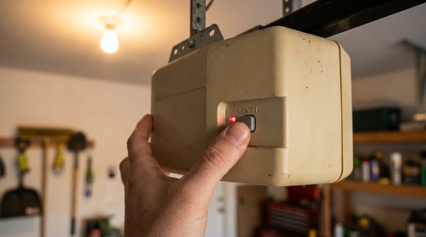 Close-up of a smartphone app screen controlling a smart garage door opener with the opener's LED status light visible