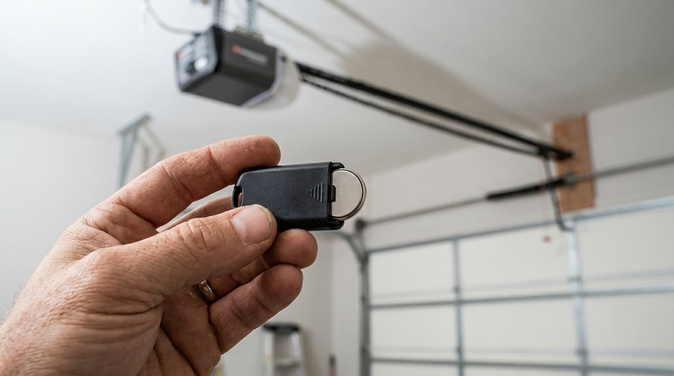 A hand holding a garage door remote next to the opener motor with its LED indicator lit