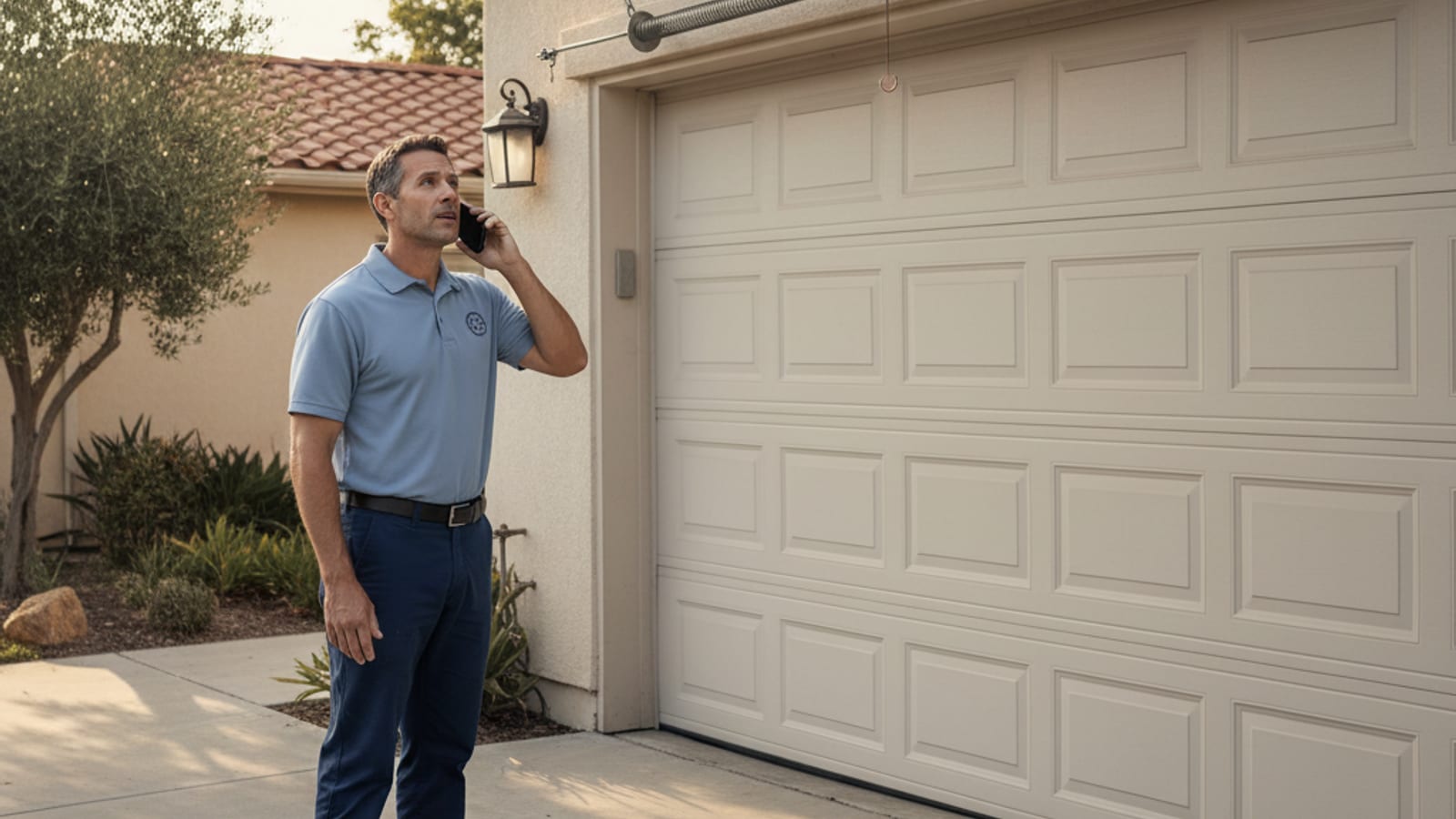 Homeowner standing in a driveway on a phone call looking at a light-colored sectional garage door that is stuck in a partially closed position