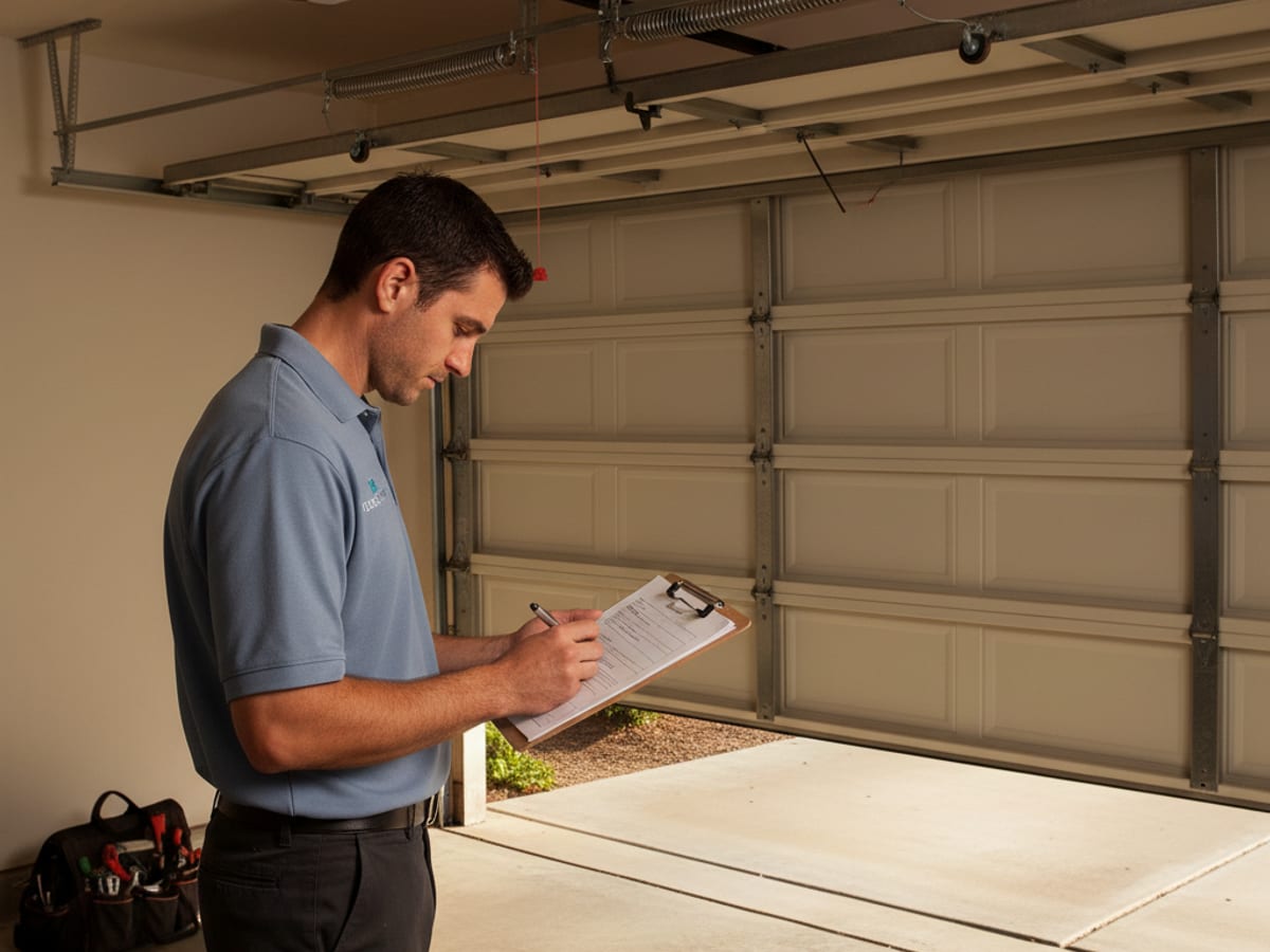 Garage door technician writing a flat-rate quote on a clipboard standing beside a repaired sectional garage door in a residential garage