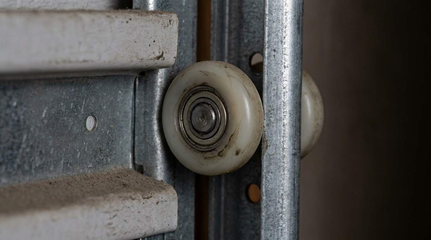 A sectional garage door mid-travel with the metal rollers visible moving along the vertical track
