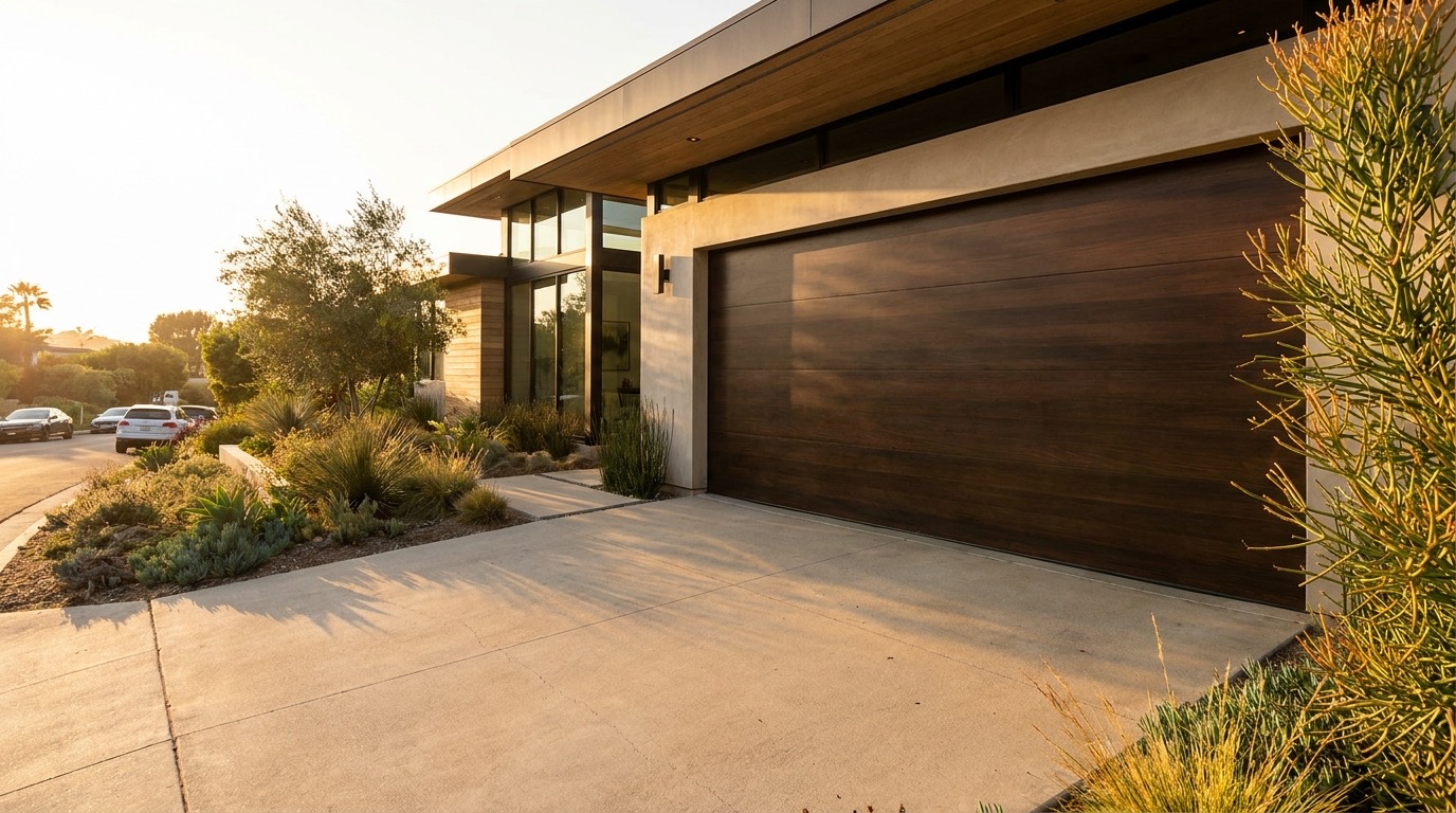 A new sectional garage door on a San Diego home viewed from the driveway