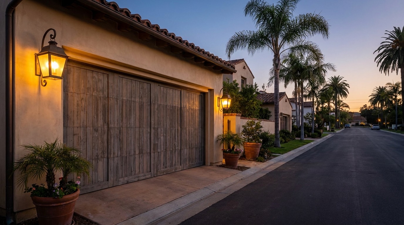 A closed residential garage door on a San Diego home at dusk