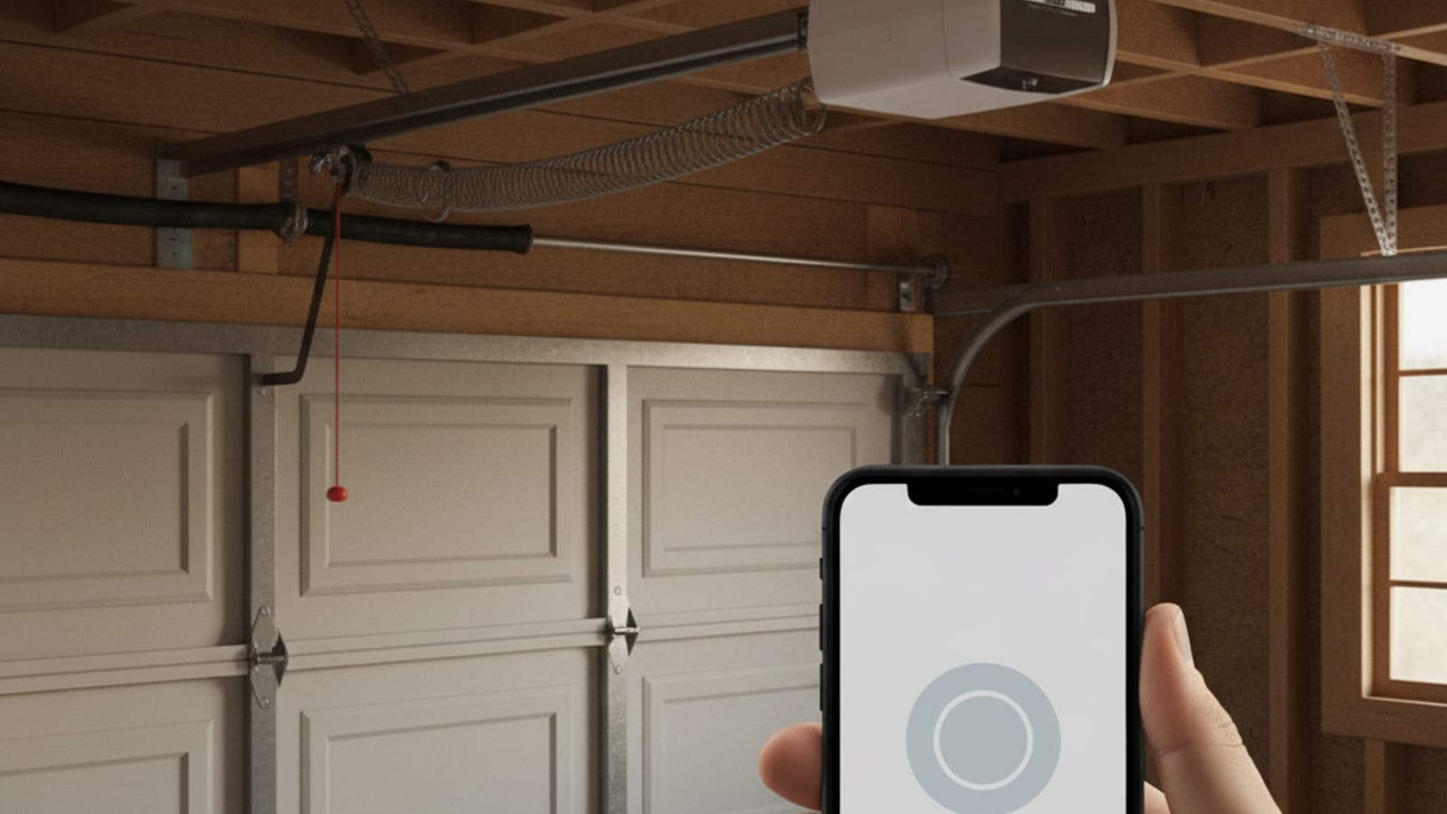 Modern Wi-Fi enabled ceiling-mounted garage door opener with a smartphone in the foreground displaying a generic garage door control app