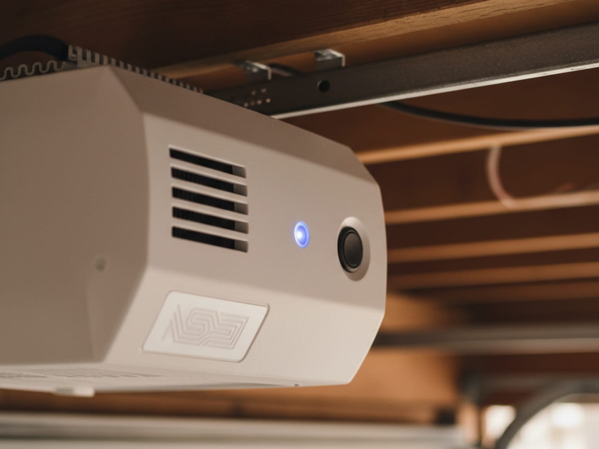 Close-up of a blinking blue Wi-Fi status LED on the body of a modern garage door opener mounted to garage ceiling joists