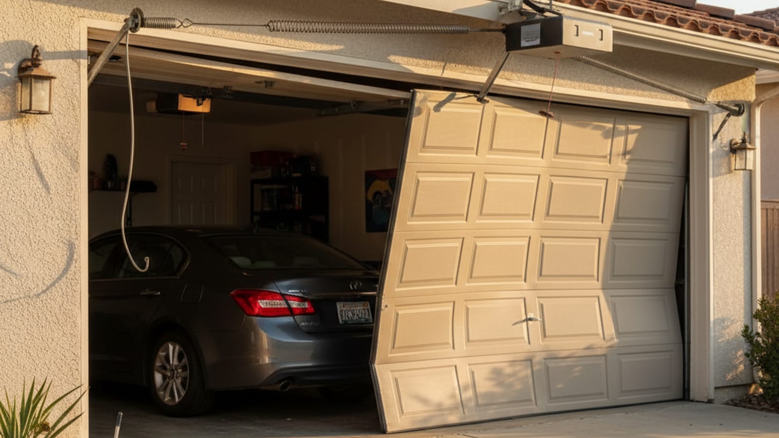 Car trapped inside a residential garage with the sectional garage door stuck halfway open at an uneven angle after a spring failure