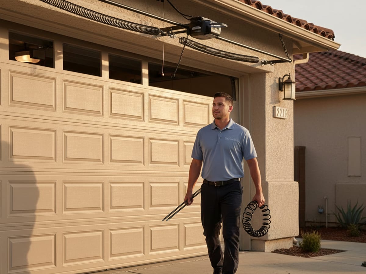 Emergency garage door technician arriving at a home with winding bars in one hand and a replacement torsion spring in the other