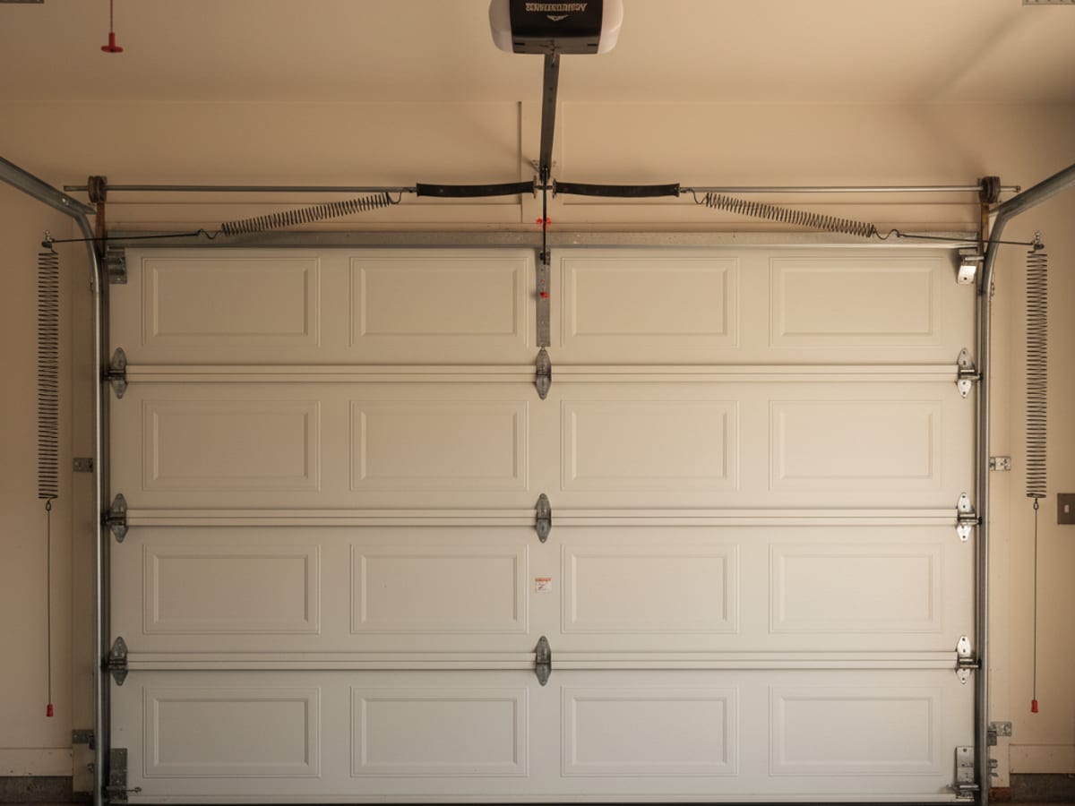 Pair of new matched black torsion springs freshly installed on the shaft above a garage door with the center bearing plate visible between them