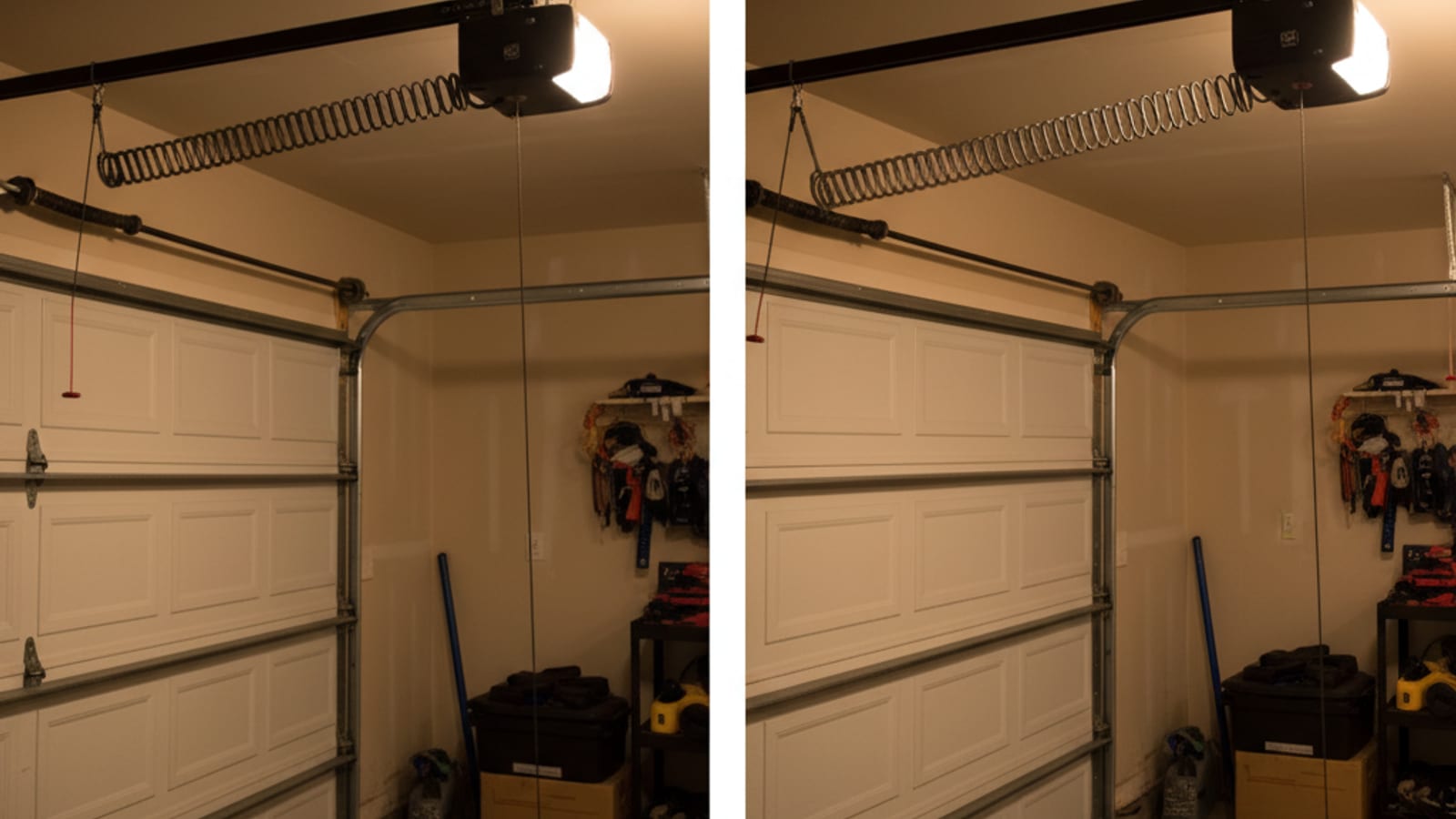 Side-by-side comparison of a torsion spring mounted on the shaft above a garage door on the left and an extension spring running along the horizontal track on the right