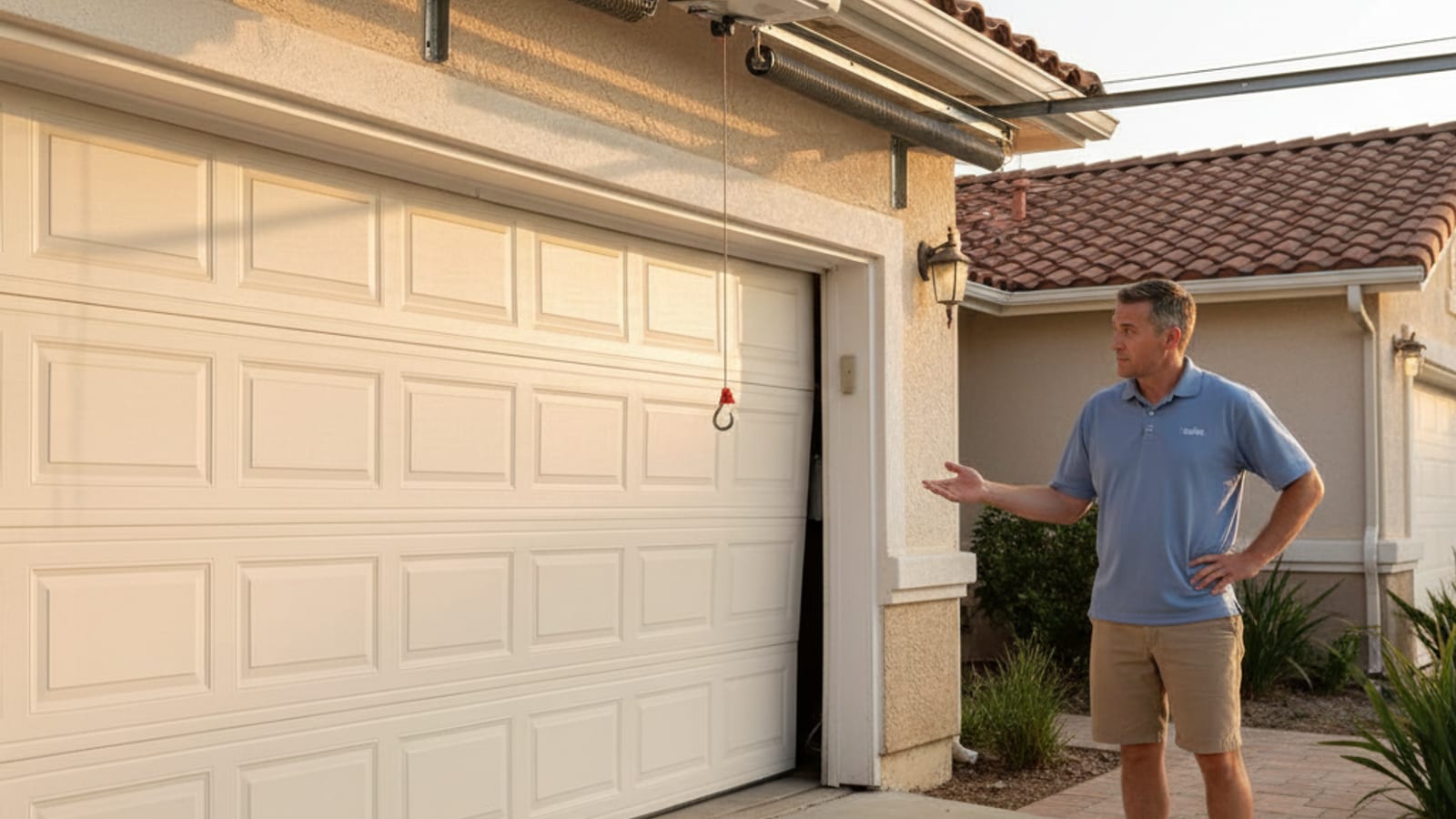 Sectional garage door stuck approximately six inches open with a cautious homeowner standing beside it in the driveway looking puzzled