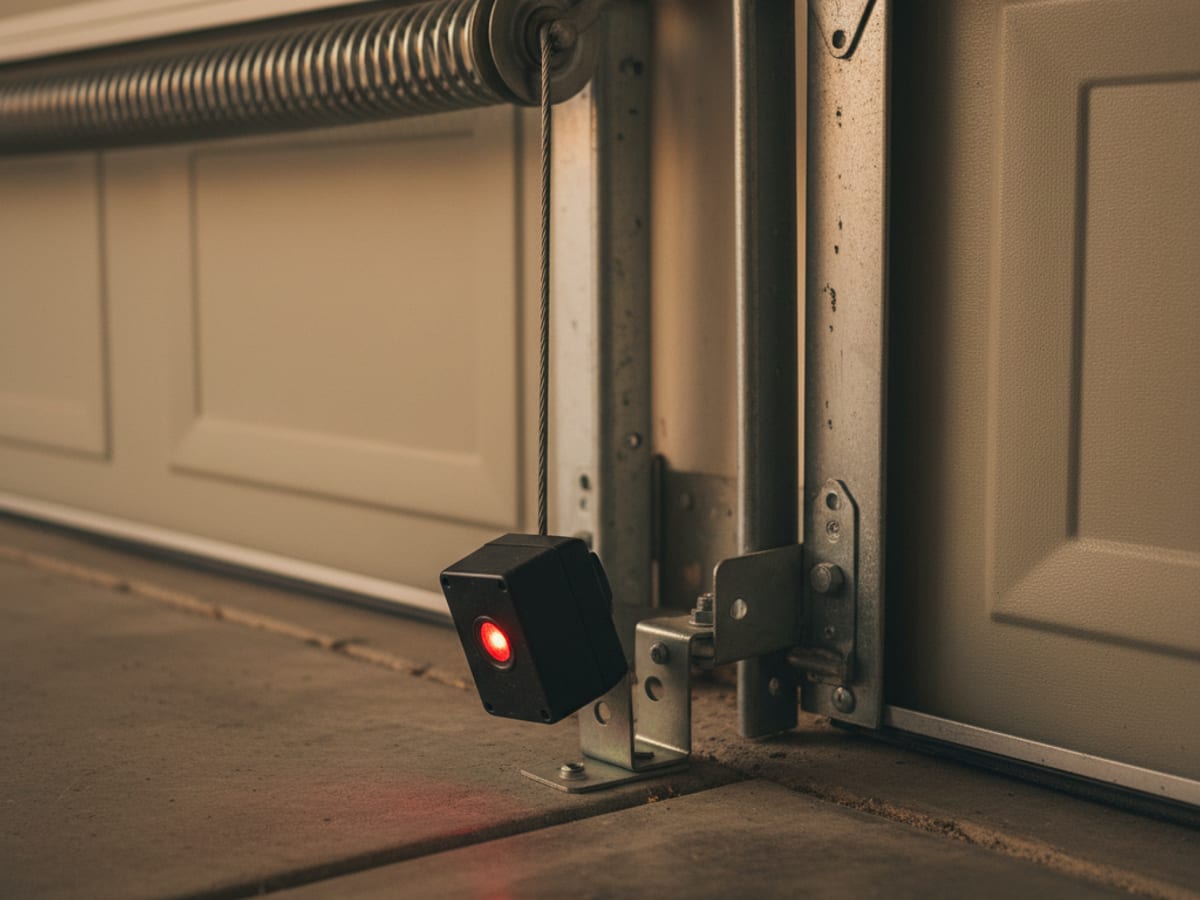 Close-up of a misaligned photo-eye safety sensor mounted six inches off the garage floor with a visible red LED indicator light on the sensor face