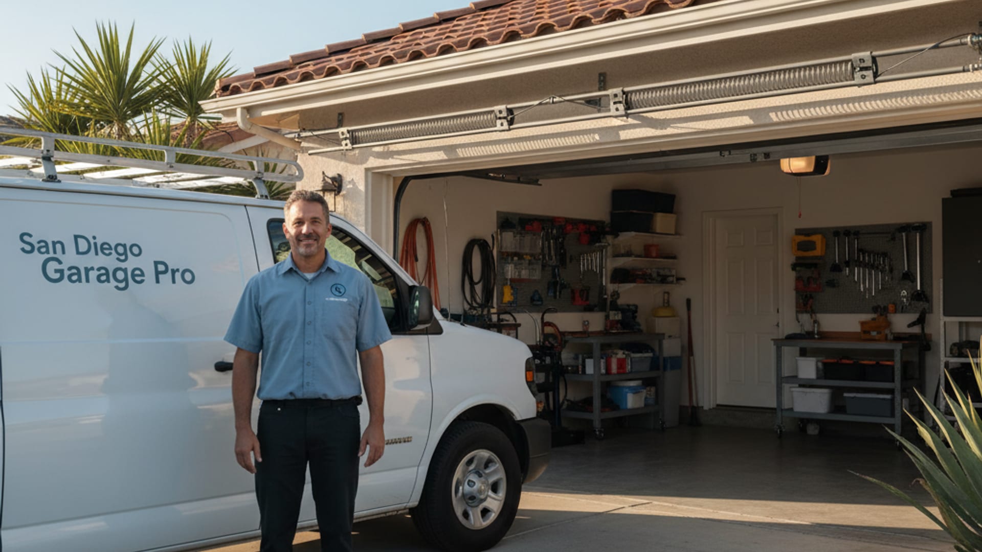 Lift Pro SD technician winding a new torsion spring on a residential garage door in San Diego afternoon light
