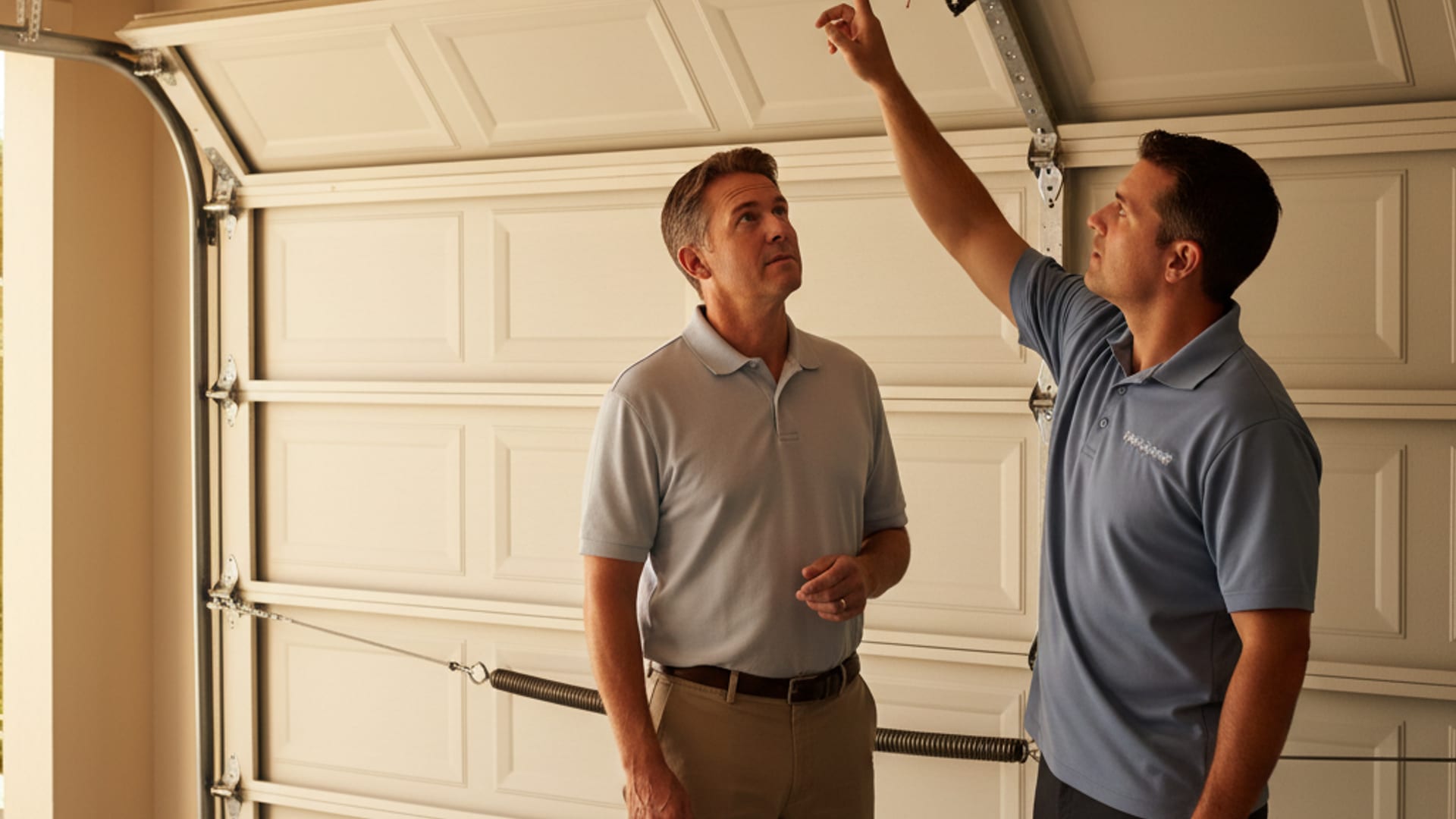 Lift Pro SD technician showing a homeowner how to pair a myQ smart opener on a phone app next to an open residential garage door in San Diego