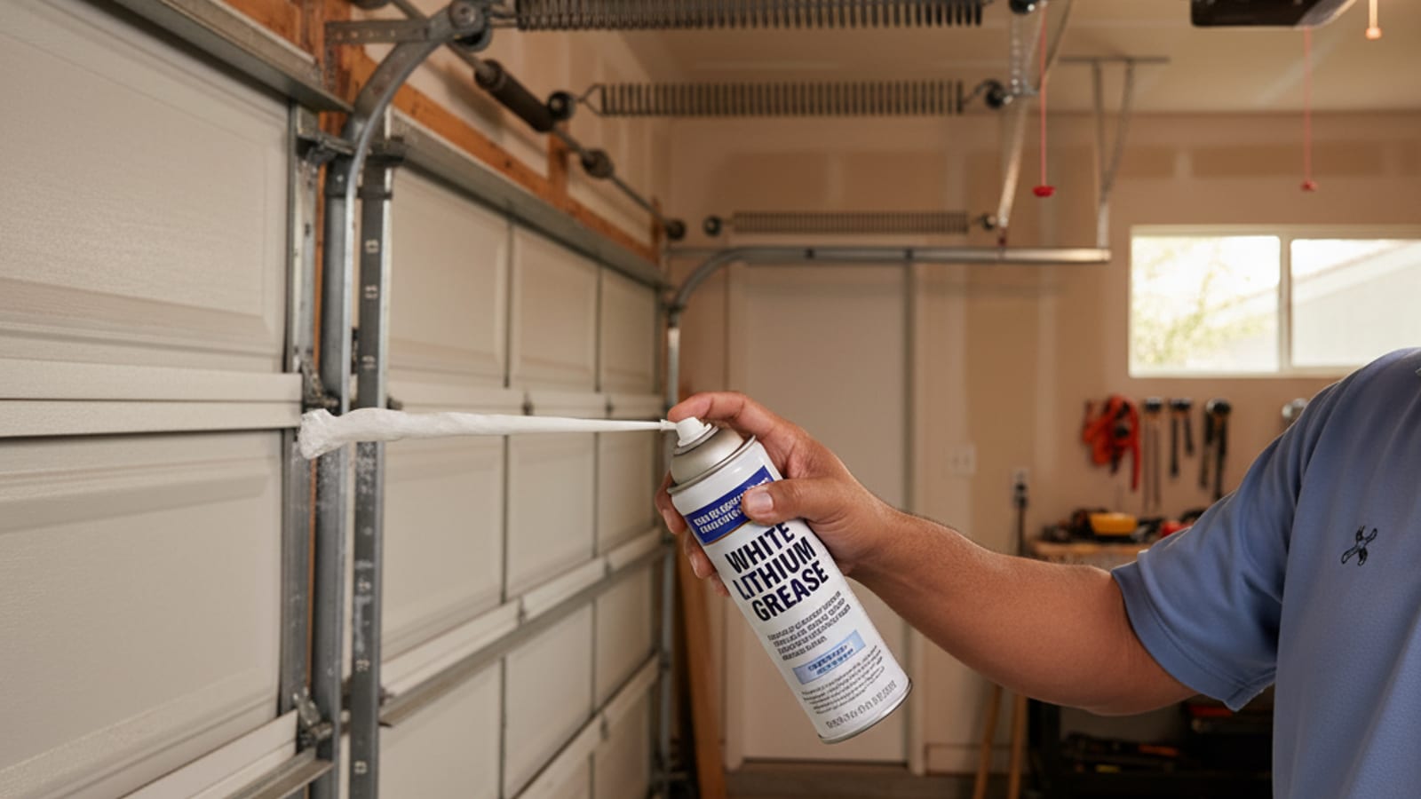 Homeowner spraying white lithium grease onto a garage door hinge while standing beside an open sectional door in a residential garage