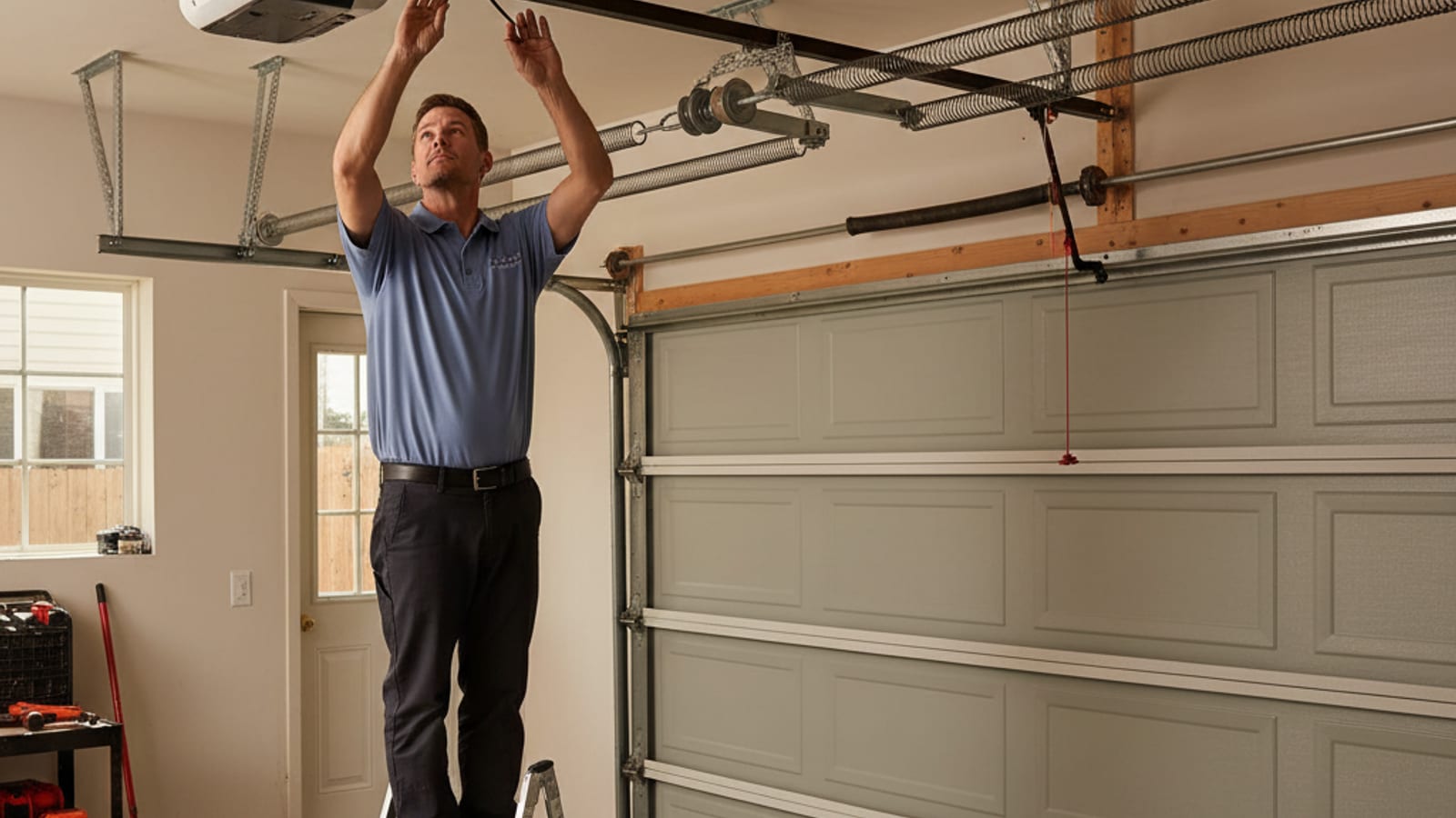 Homeowner standing on a step stool reaching up to unplug a ceiling-mounted garage door opener during a manual reset