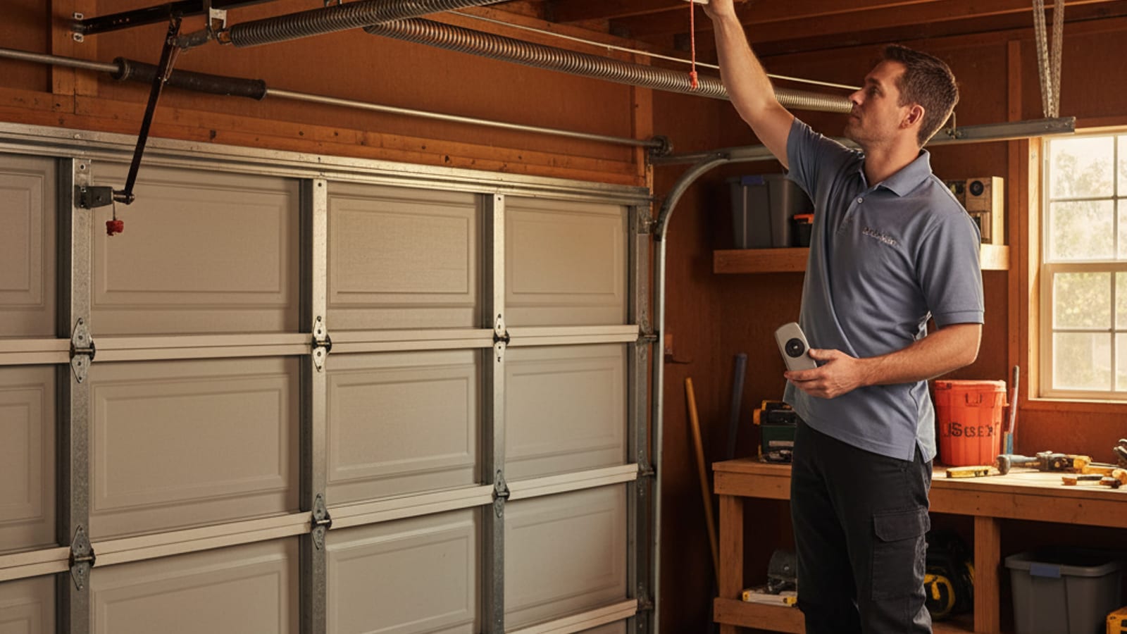 Homeowner on a step stool pressing the learn button on a ceiling-mounted garage door opener while holding a new remote in the other hand