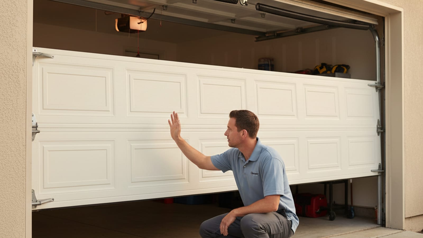Homeowner waving a hand through the photo-eye sensor beam near the base of a garage door track while the door closes during a monthly safety test