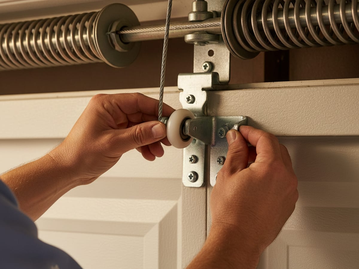 Lift Pro SD technician in a powder blue-gray polo installing new nylon rollers into a garage door hinge