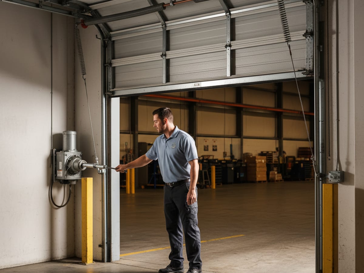 Lift Pro SD technician in a powder blue-gray polo servicing a rolling steel commercial door at a San Diego warehouse