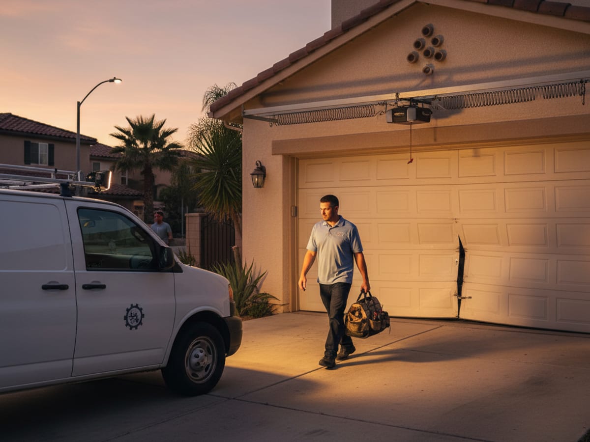 Lift Pro SD service van with work lights on, technician in a powder blue-gray polo unloading tools at a San Diego home at night