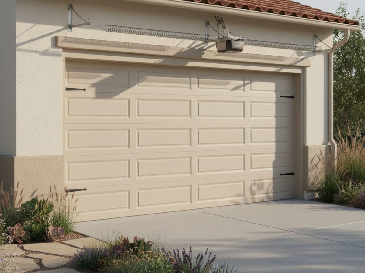 Lift Pro SD technicians in powder blue-gray polos installing a new insulated steel carriage-style garage door
