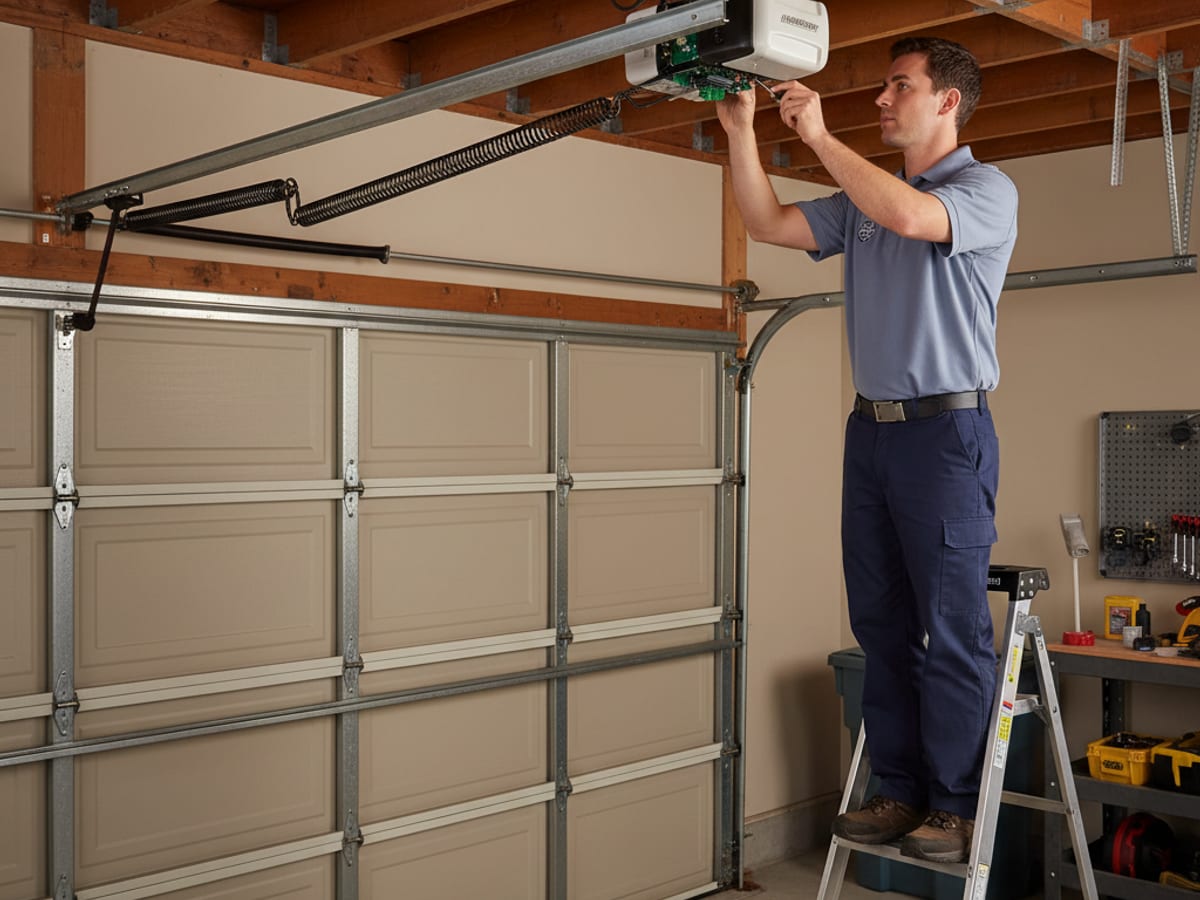 Lift Pro SD technician in a powder blue-gray polo mounting a new belt-drive LiftMaster opener to ceiling joists