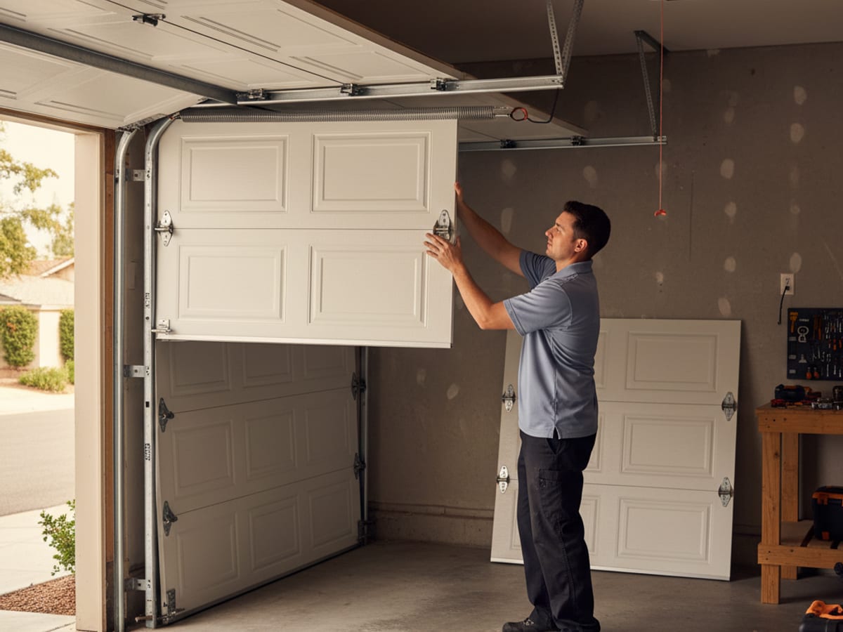 Lift Pro SD technician in a powder blue-gray polo lifting a color-matched replacement panel into a sectional garage door