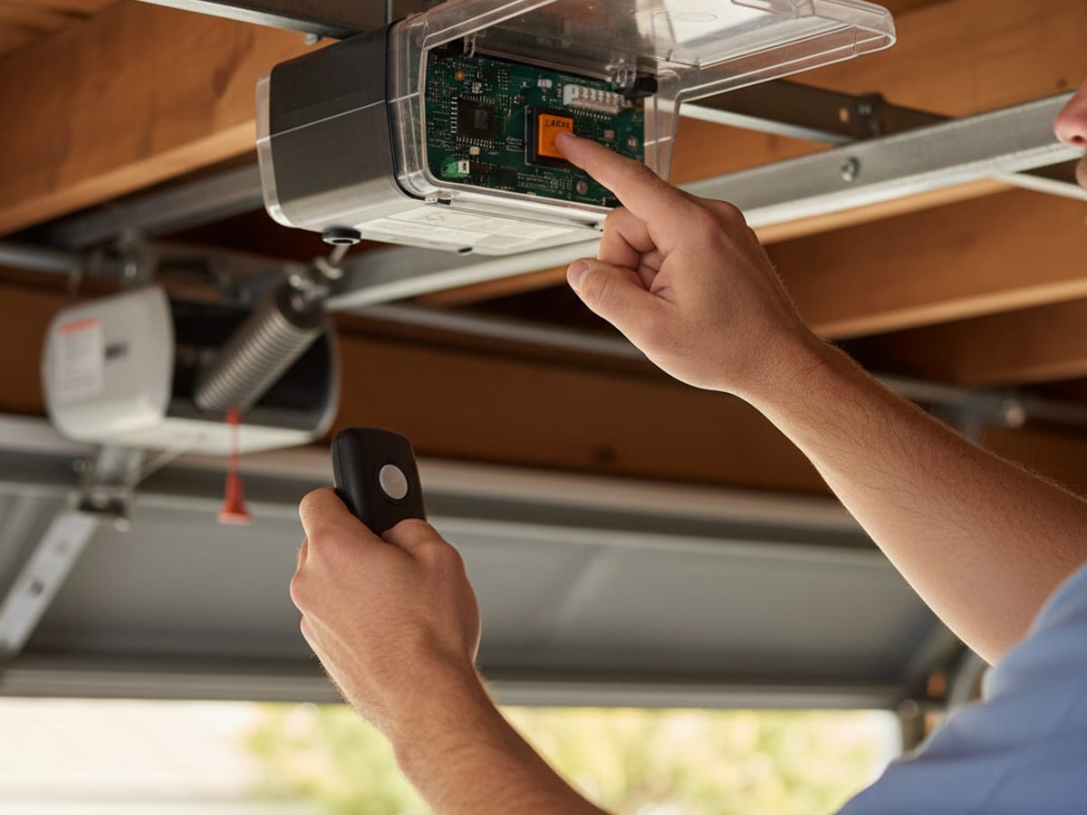 Lift Pro SD technician in a powder blue-gray polo programming a wireless keypad mounted beside the garage door