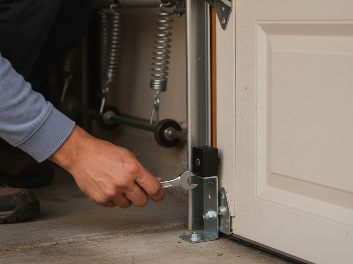 Lift Pro SD technician in a powder blue-gray polo adjusting a photo-eye safety sensor mounted near the bottom of a garage door track