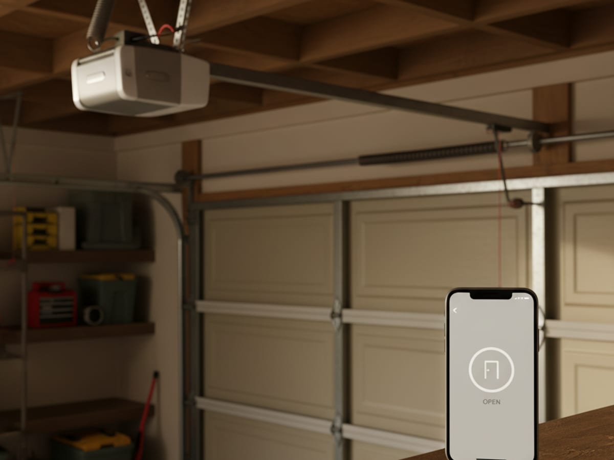 Lift Pro SD technician in a powder blue-gray polo mounting a Meross smart garage hub next to a residential opener