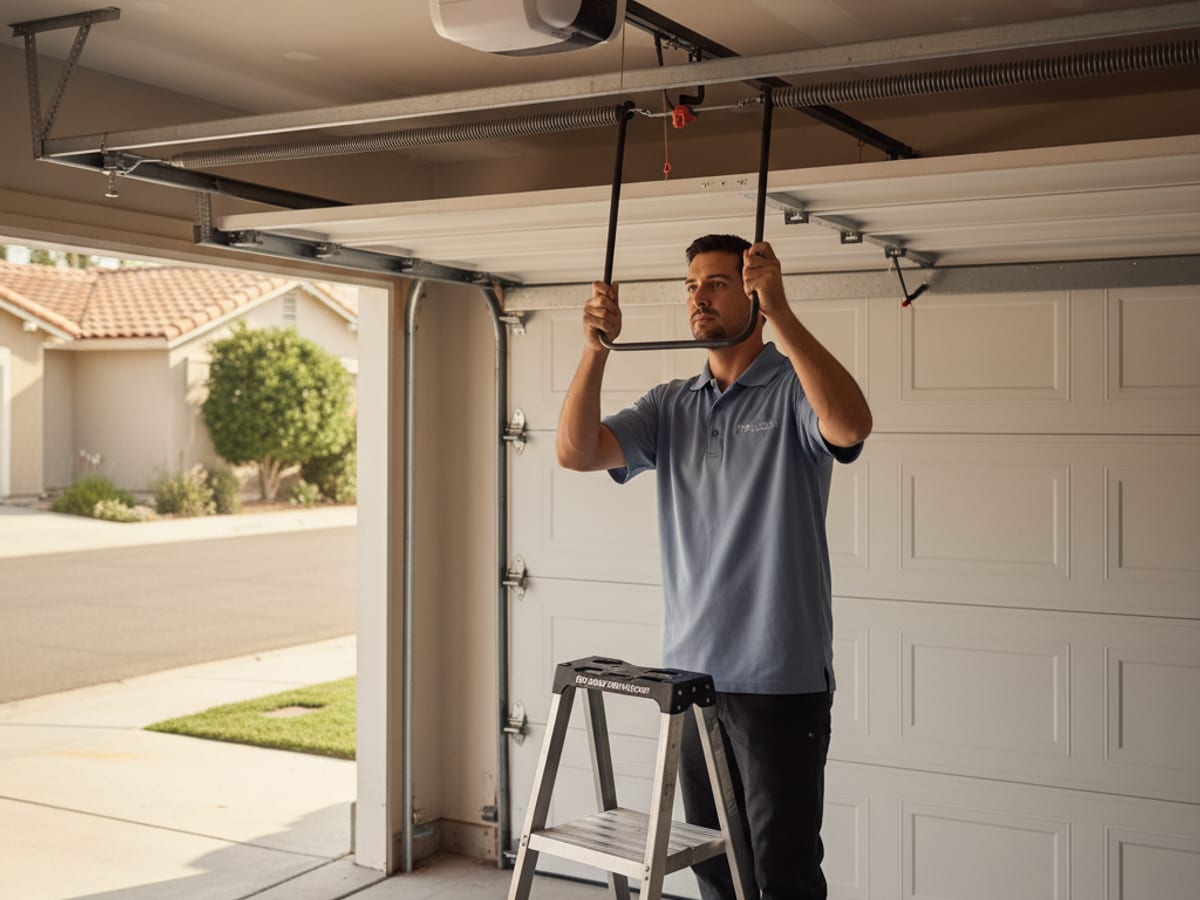 Lift Pro SD technician in a powder blue-gray polo using winding bars to install a new torsion spring above a steel sectional door